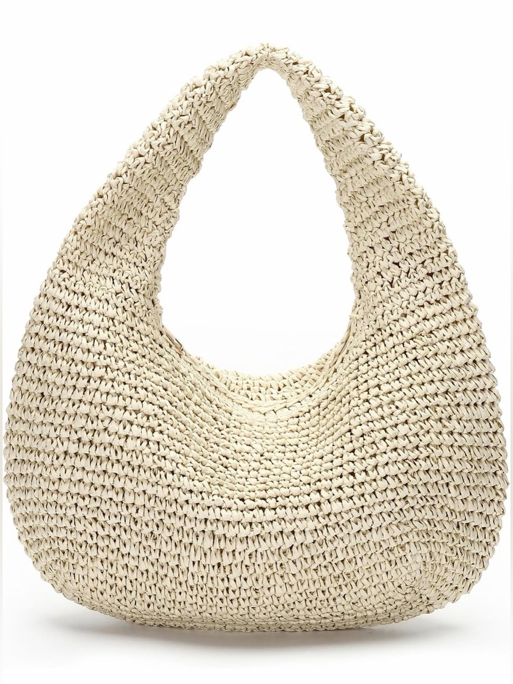 Woven Raffia Hobo Shoulder Bag - Half Moon Design Lightweight Zipper Closure